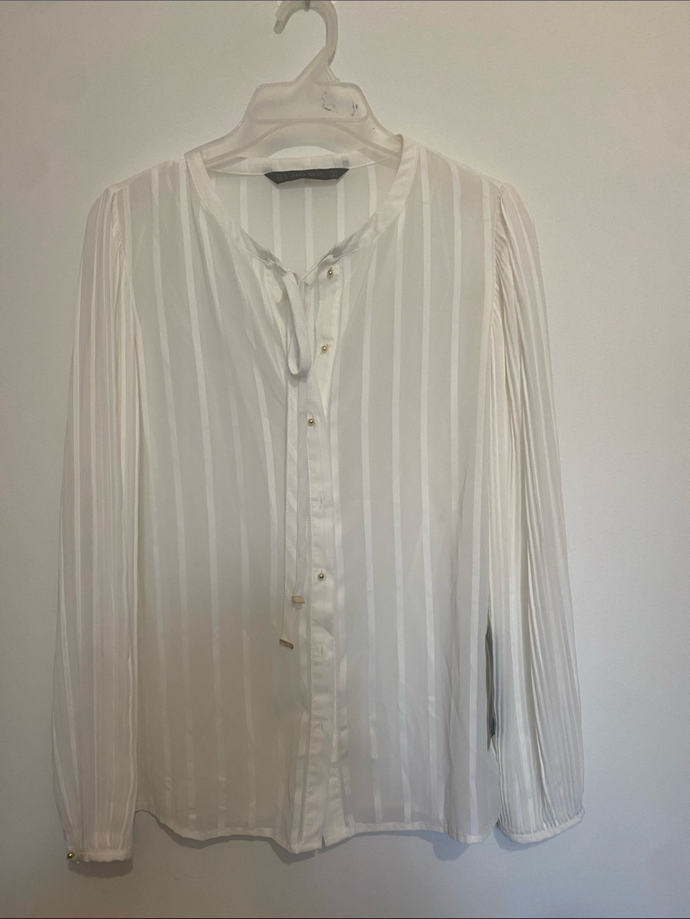 Zara White Sheer Striped Long Sleeve Blouse